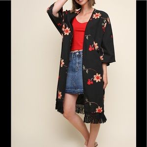 Umgee floral embroidered long kimono in black